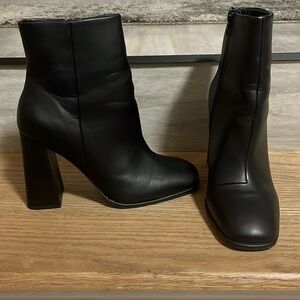 Black ankle, block heel, square toe boots